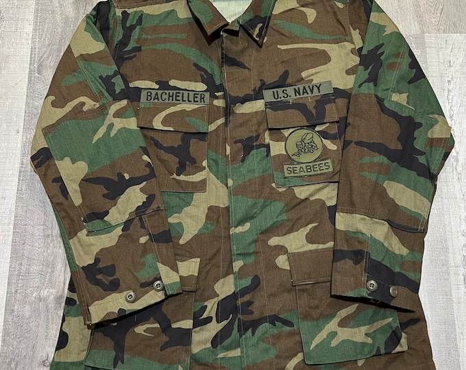 Vintage US Navy Woodland Seabees Camo Military Uniform 90s Jacket Shirt ...