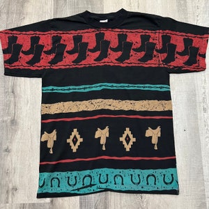 VTG Alore Black Southwestern Cowboy 90s Striped Barbwire Horseshoe Saddle Shirt