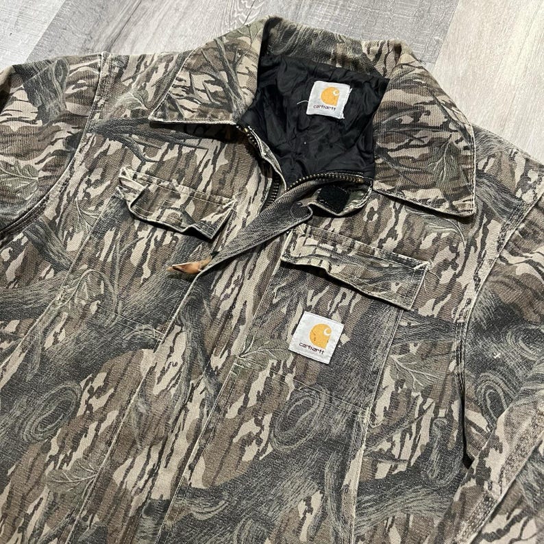 VTG Carhartt J63 MOT Jacket 90s Mossy Oak Camo Treestand Camouflage Mens L image 3