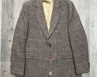 VTG Harris Tweed Blazer Mens 42R Herringbone Jacket Scotland Grey Pink Check
