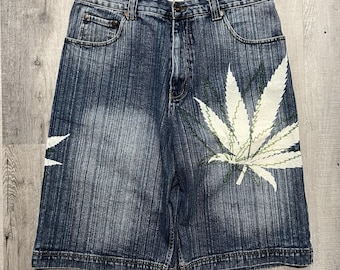 VTG Muka Jean Shorts Blue Embroidered Marijuana Leaf Baggy Skate Y2K Jorts 38