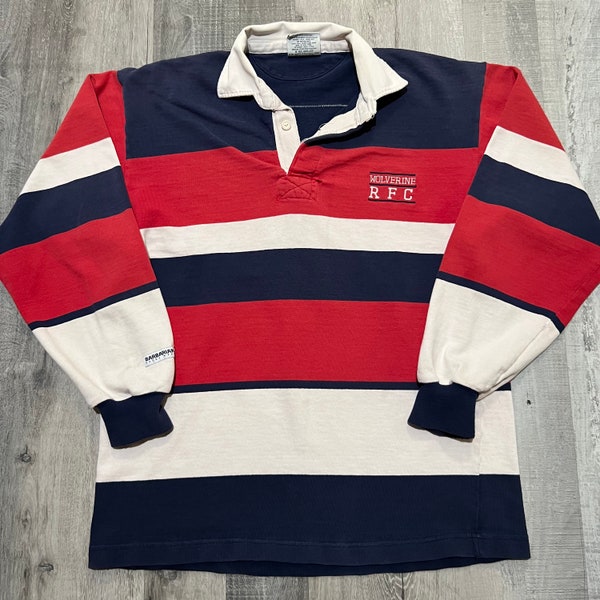 VTG Barbarian Wolverines RFC Red Striped #6 Repaired 90s Rugby Polo Shirt