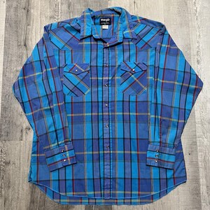 VTG Wrangler X-Long Tails Blue Plaid Western Pearl Snap 90s Cowboy Shirt Mens XL