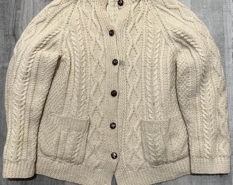 VTG McKennas Hand Knit Wool Cardigan Ireland Fisherman Chunky Beige Boho Sweater