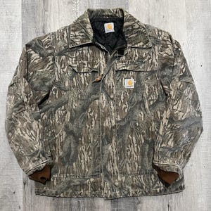 VTG Carhartt J63 MOT Jacket 90s Mossy Oak Camo Treestand Camouflage Mens L image 1