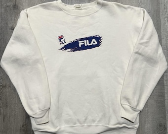 Sudadera de cuello redondo FILA VTG, estilo años 90, Spell Out, de algodón grueso, color blanco, talla M
