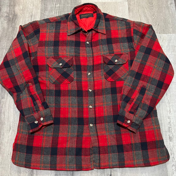 Vintage Woodland Wool Blend Shacket Red Gray Plaid Flannel Quilted Outdoor Shirt