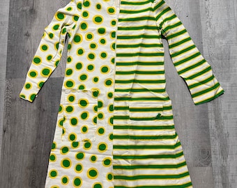 VTG 1960s Sonni California Green Yellow Polka Dot Striped Long Sleeve Mod Dress