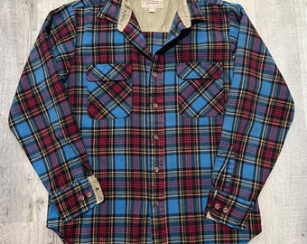 VTG Caltop Short Sleeve Shadow Plaid Flannel Blue Grey White USA