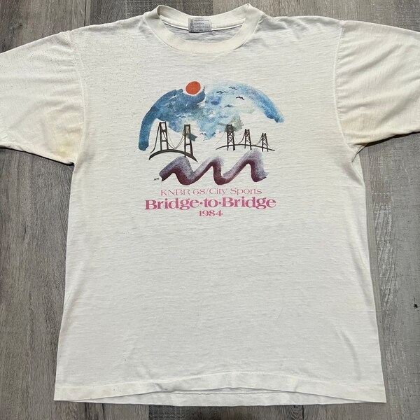 VTG 1984 KNBR 68 San Francisco Radio White 80s Paper Thin Water Color Art Tee