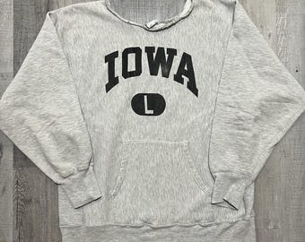 VTG Champion Iowa Hawkeyes Gym Reverse Weave Hoodie Sweatshirt 90s Gray Chopped