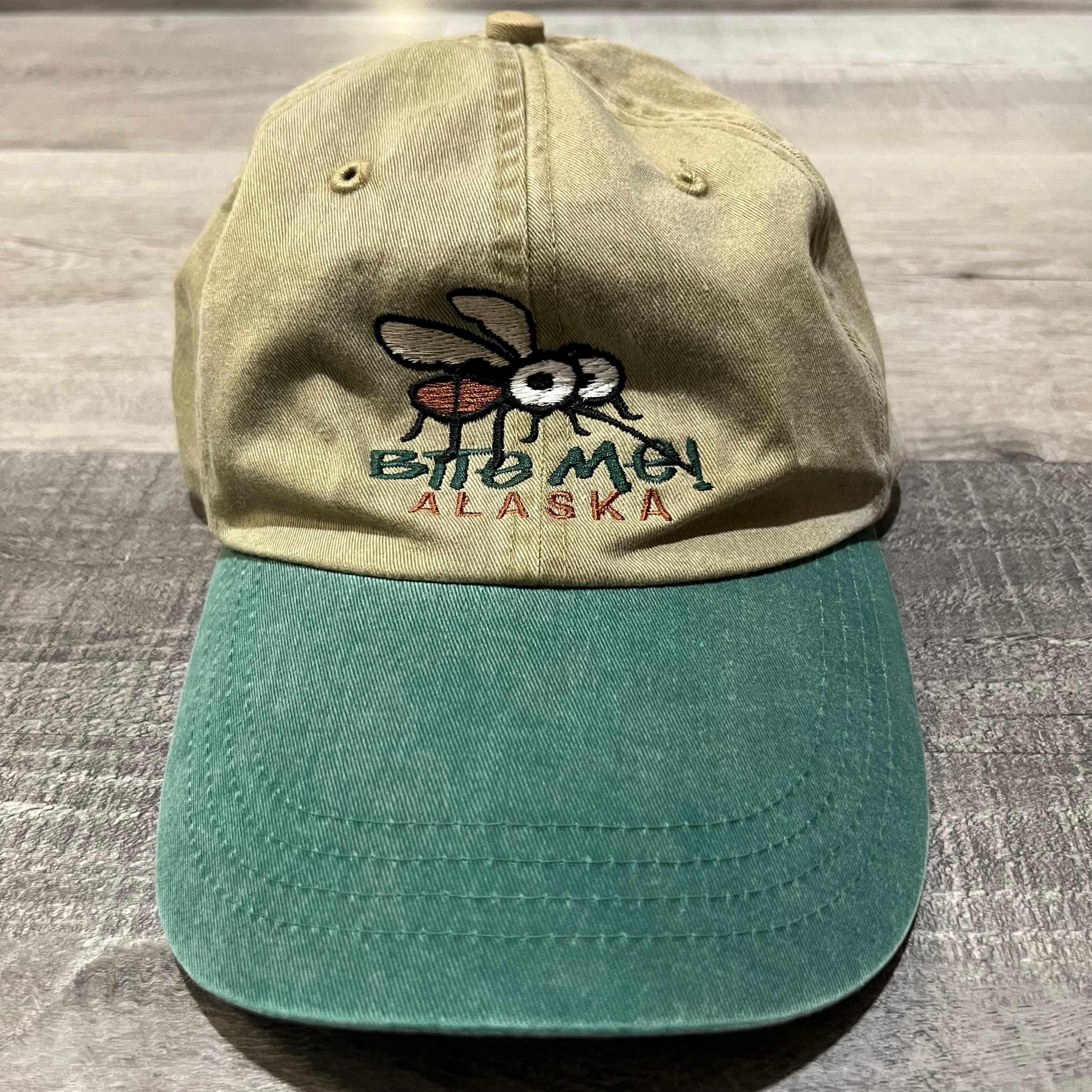 Vintage Bite Me Alaska Pigment Dyed Green Mosquito Outdoor Hike Hat Cap 