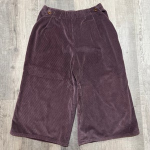 May include: A pair of dark purple corduroy wide-leg shorts with a high waist and button closures.
