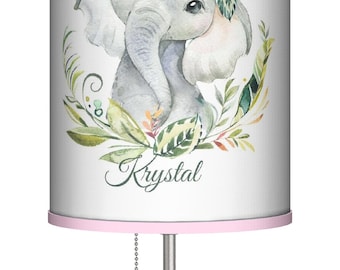 Nursery Lamp Baby Elephant Table Lamp for Little Girls Nursery Decor - Custom Name Lampshade Bedside Night Light