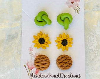 Sunflower stud earrings, Knot earrings polymer clay, 3 earring set, tie the knot jewelry, bridesmaid proposal accessories, Christmas gifts f