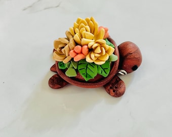 Succulent turtle figurine, Beach gifts for bride, whimsical desk accessories, cottagecore miniature animal, polymer clay turtle decor, fairy