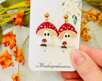 Mushroom ghost earrings, floral ghost clay earrings, cottagecore accessories, whimsigoth jewelry, witchy gifts for best friend, halloween ea