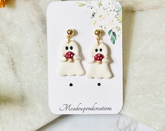 ghost earrings clay, mushroom ghost earrings, cottagecore accessories, whimsical earring set, witchy gifts for best friend, fall earrings cl