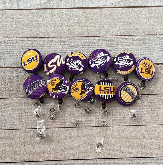 Badge reel, retractable badge reel, ID reel, badge holder. LSU. Louisiana  State university