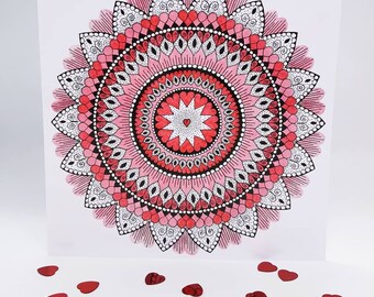 FROM THE HEART Mandala Love Card Original Art Print Scared Geometry Pink Red