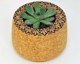 CORK PLANT HOLDER hand burnt natural rustic eco friendy wood vegan mandala spiritual gift yoga mindful pyrography indoor succulent cactus