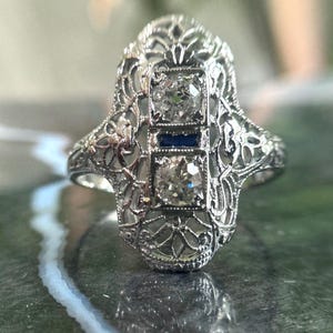 Beautiful Antique Art Deco Natural Old European Cut Diamond Ring with Blue Sapphire -size 6.25, 18k White Gold - beautiful vintage piece!