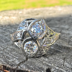 Stunning Antique Toi et Moi Ring – 1.16ctw Old European & Old Mine Cut Diamonds, 14K White Gold, Size 8.75
