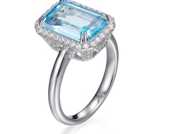 Hand Finished Multi Faceted Art Deco Emerald Cut 4 Carat Blue Topaz Rectangle Halo Statement Dress Bridal Engagement Ring Mother's Day Gift