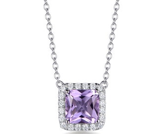 Hand Finished Sterling Silver 3ct Amethyst Purple Square Asscher Cut Cubic Zirconia Halo Bridal Pendant with Necklace Mother's Day Gift
