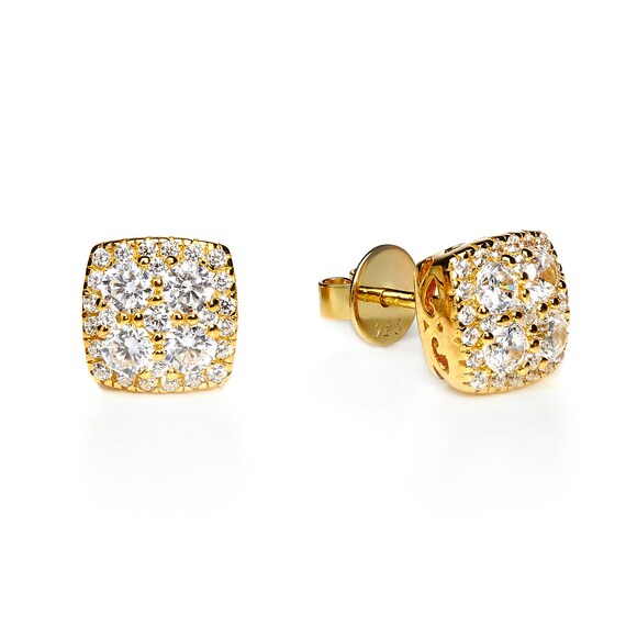 Pair of Gold Plated 925 Sterling Silver Paved White Square Earring Studs Pair of Gold Plated 925 Sterling Silver Paved White Square Earring Studs