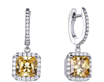 Hand Finished Sterling Silver 5.00ct Honey Yellow Square Asscher Cut Cubic Zirconia Halo Bridal Lever Back Drop Earrings Christmas Gift