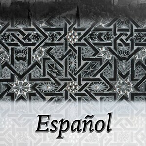 Puede incluir: Foto en blanco y negro del palacio de la Alhambra en Granada, España. La imagen está superpuesta con un patrón geométrico en blanco y negro con acentos plateados. El texto "Alhambra Plantilla -Marieke Sanchez- Español" está en la parte superior de la imagen.