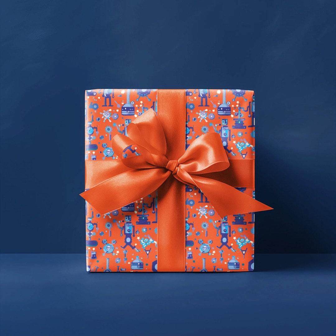 Blue Robot Wrapping Paper: Playful Bots on Orange (5 Sheets) - Etsy
