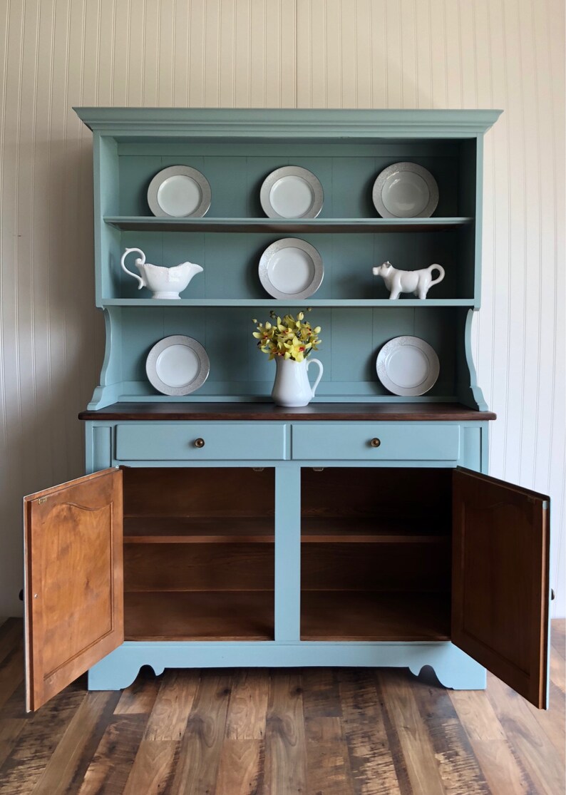 Ethan Allen farmhouse hutch blue buffet china cabinet | Etsy