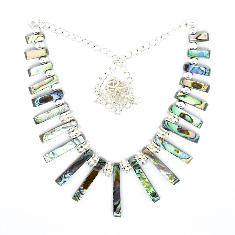 Graduated Genuine Abalone Beaded Necklace with Silver Toned Flower Spacers Chain and Adjustable Extender 15-18 Inch