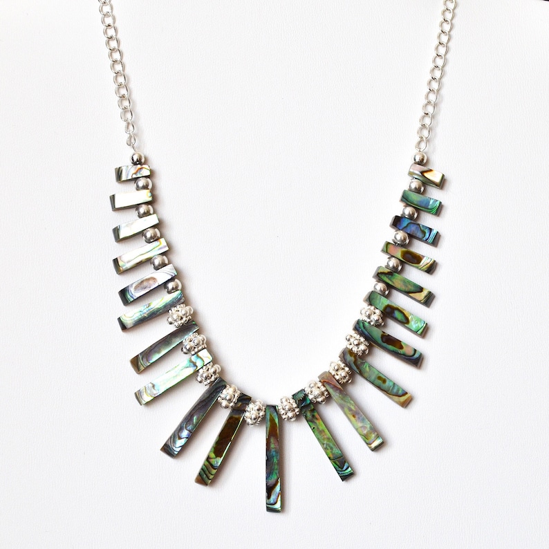Graduated Genuine Abalone Beaded Necklace with Silver Toned Flower Spacers Chain and Adjustable Extender 15-18 Inch