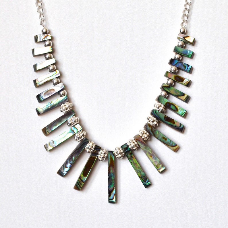 Graduated Genuine Abalone Beaded Necklace with Silver Toned Flower Spacers Chain and Adjustable Extender 15-18 Inch