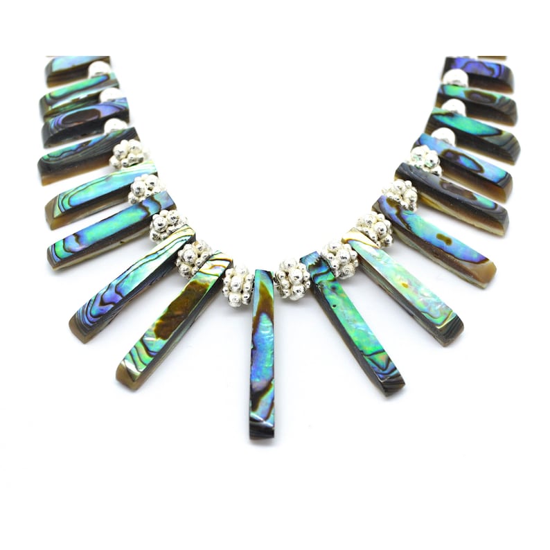 Graduated Genuine Abalone Beaded Necklace with Silver Toned Flower Spacers Chain and Adjustable Extender 15-18 Inch