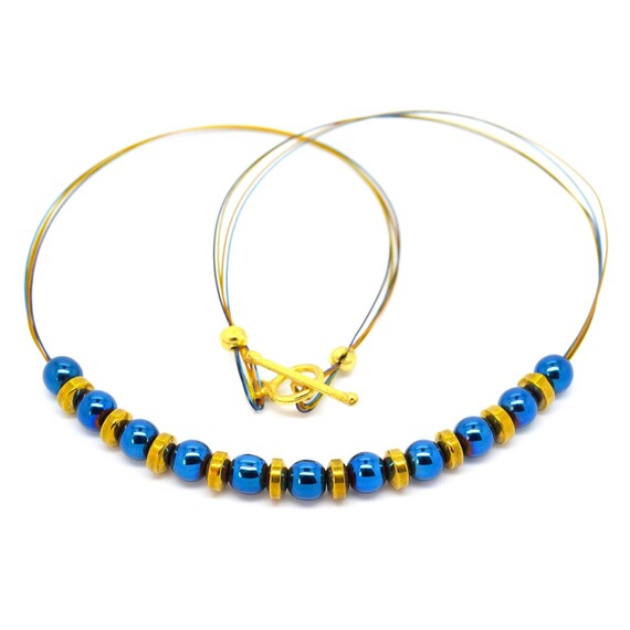 Blue and Gold Genuine Haematite Hematite Multi-strand Necklace with T-bar  Toggle Clasp 16 1/2 Inch
