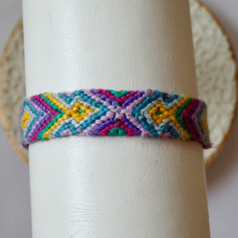 purple yellow diamond pattern vibrant blue multicolor aztec neon hand woven adjustable friendship bracelet