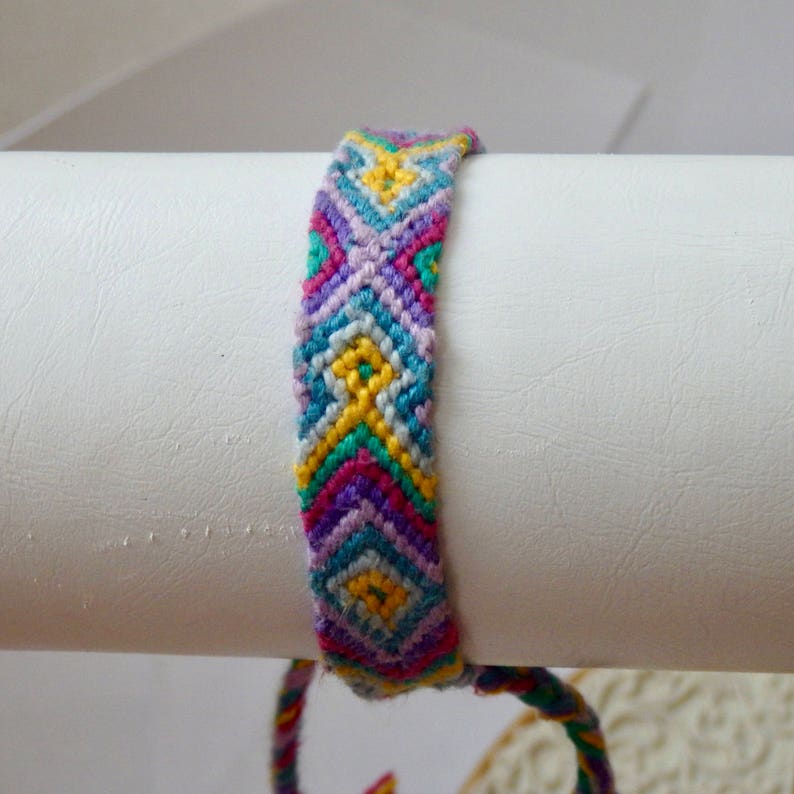 purple yellow diamond pattern vibrant blue multicolor aztec neon hand woven adjustable friendship bracelet