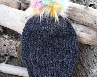 Black Adult knitted beanie, Adult hat, Rainbow Pom Pom hat,  Rainbow Pom beanie, Rainbow Pom hat, Knitted hat for woman,  Adult black hat