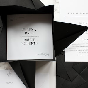 Schwarze Origami Hochzeitseinladungs-Reihe | RSVP, Umschlag, Details und Empfangskarten | Handgemachte Origami Einladung MUSTER