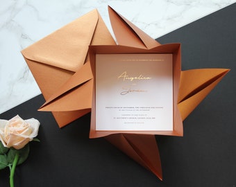 invitation de mariage en or rose | Invitation à l’origami de luxe fait à la main | Invitations personnalisées en cuivre | INVITATIONS en feuille ÉCHANTILLON