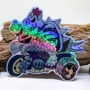 Dry Bowser Riding the Bone Rattler von Mario Kart - 3" Holographic Sticker Custom handgezeichnete Kunst