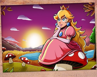 Princess Peach Sitting on a Toadstool in The Mushroom Kingdom - Super Mario Nintendo 5x7" Print on Adhesive-Backed Satin Photo Paper