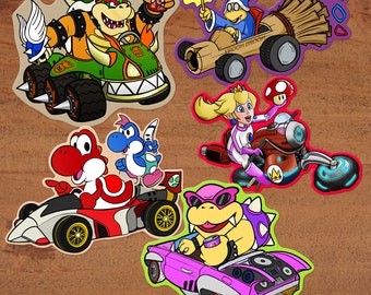 Mario Kart Stickers - Peach, Bowser, Yoshi, Roy, Kamek - Nintendo Glossy Vinyl Sticker Pack #1 Custom Hand-Drawn Art