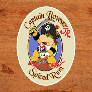 Captain Bowser Jr. Non-Alcoholic Spiced Rum Nintendo Sticker auf glänzender Vinyl Custom Handgezeichnete Kunst