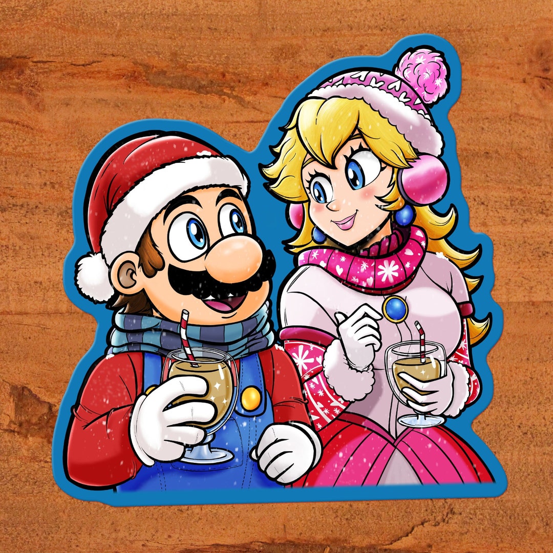 Mario and Princess Peach Christmas Holiday Art From Super Mario Bros