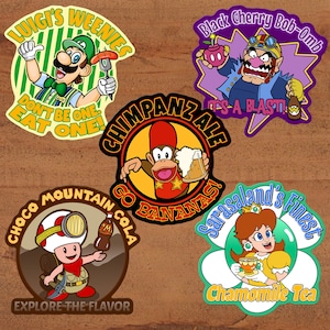 Super Mario Food & Drink Logo Sticker Pack #1 - Luigi, Diddy Kong, Wario, Captain Toad, Princess Daisy - vinyle brillant Nintendo - dessinés à la main